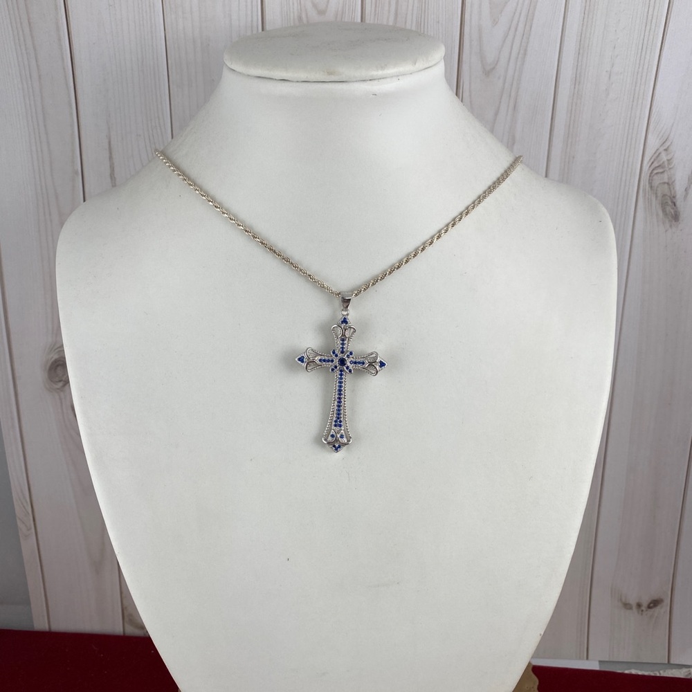 Sold Blue Sapphires 925 Silver Cross - Picture 5 of 10